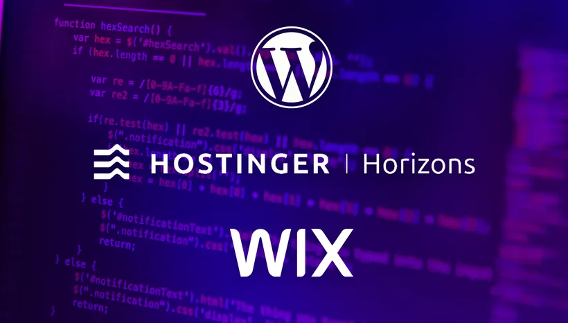 Logotipos de Wordpress, Hostinger Horizons y Wix sobre una pantalla con código.